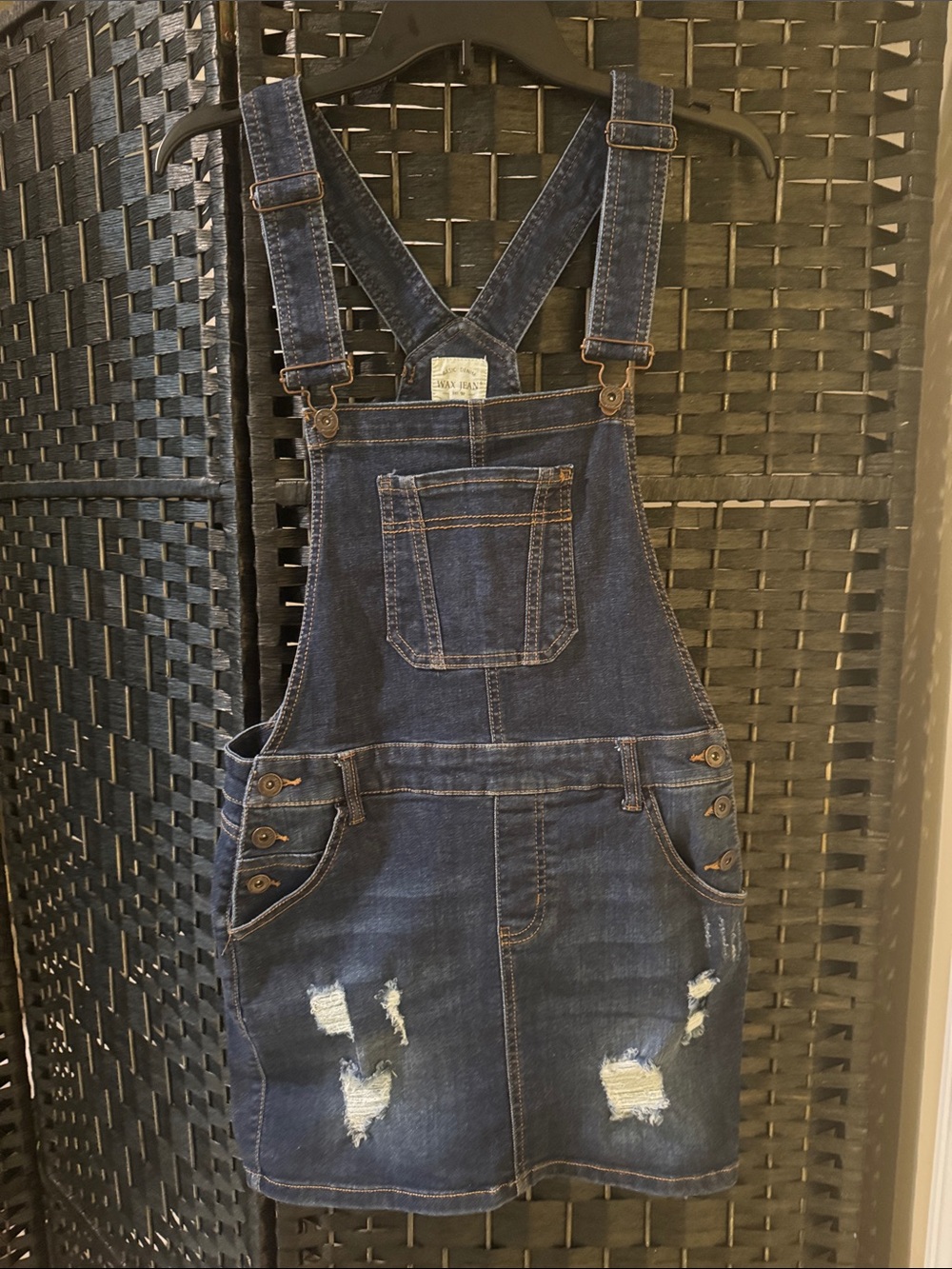 Max Jeans Dark Blue Distressed Denim Overall Mini Dress